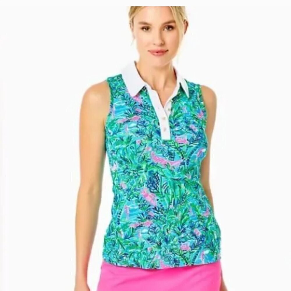 Lilly Pulitzer Luxletic Imara Par fection Polo tank golf novelty buttons NWT L